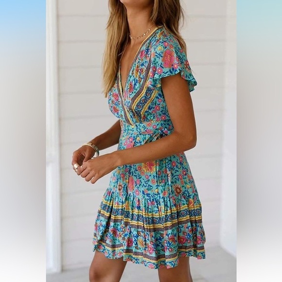 Summer Wrap V Neck Dresses Bohemian Floral Print Ruffle Swing XL - Picture 6 of 14